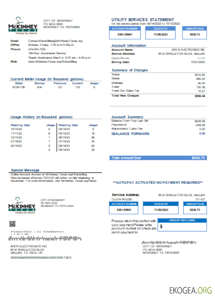 Facture commerciale des services publics de la ville de McKinney, SCR